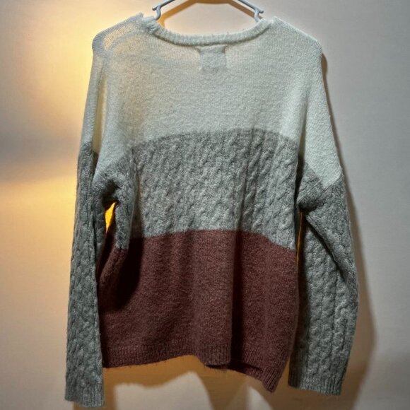Twine & String Colorblock Cable Knit Cozy Pullover Sweater Cream Gray Pink XL - Picture 8 of 11